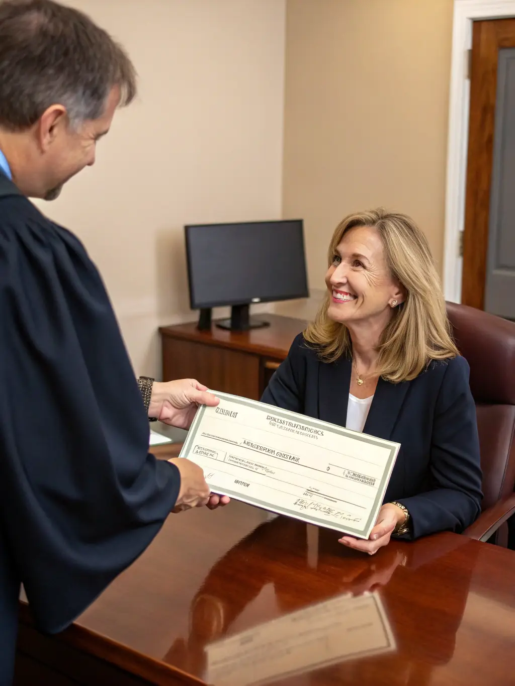 A person happily receiving a personal loan check from a SagePayments representative in a modern office setting.