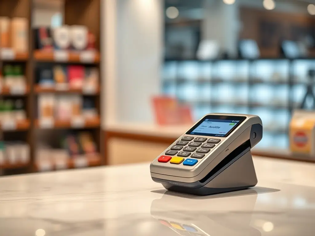 A professional photograph of a modern point-of-sale (POS) system in use at a retail store, showcasing NMI's payment processing capabilities.