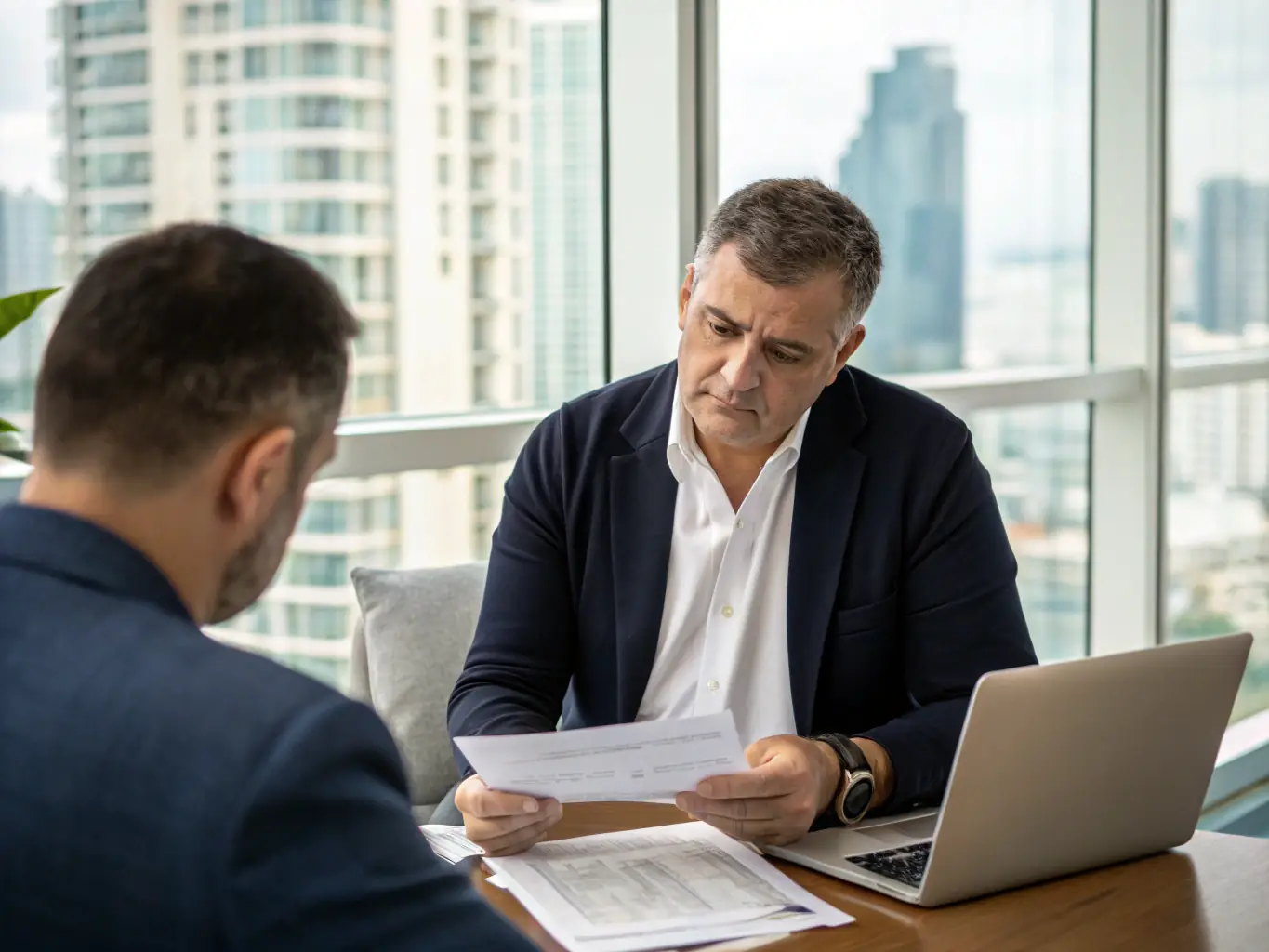 A professional businessman in a suit is reviewing financial documents at his office desk, with a Paygistix brochure and a tablet displaying loan options in the background. The scene is well-lit and conveys trust and reliability.